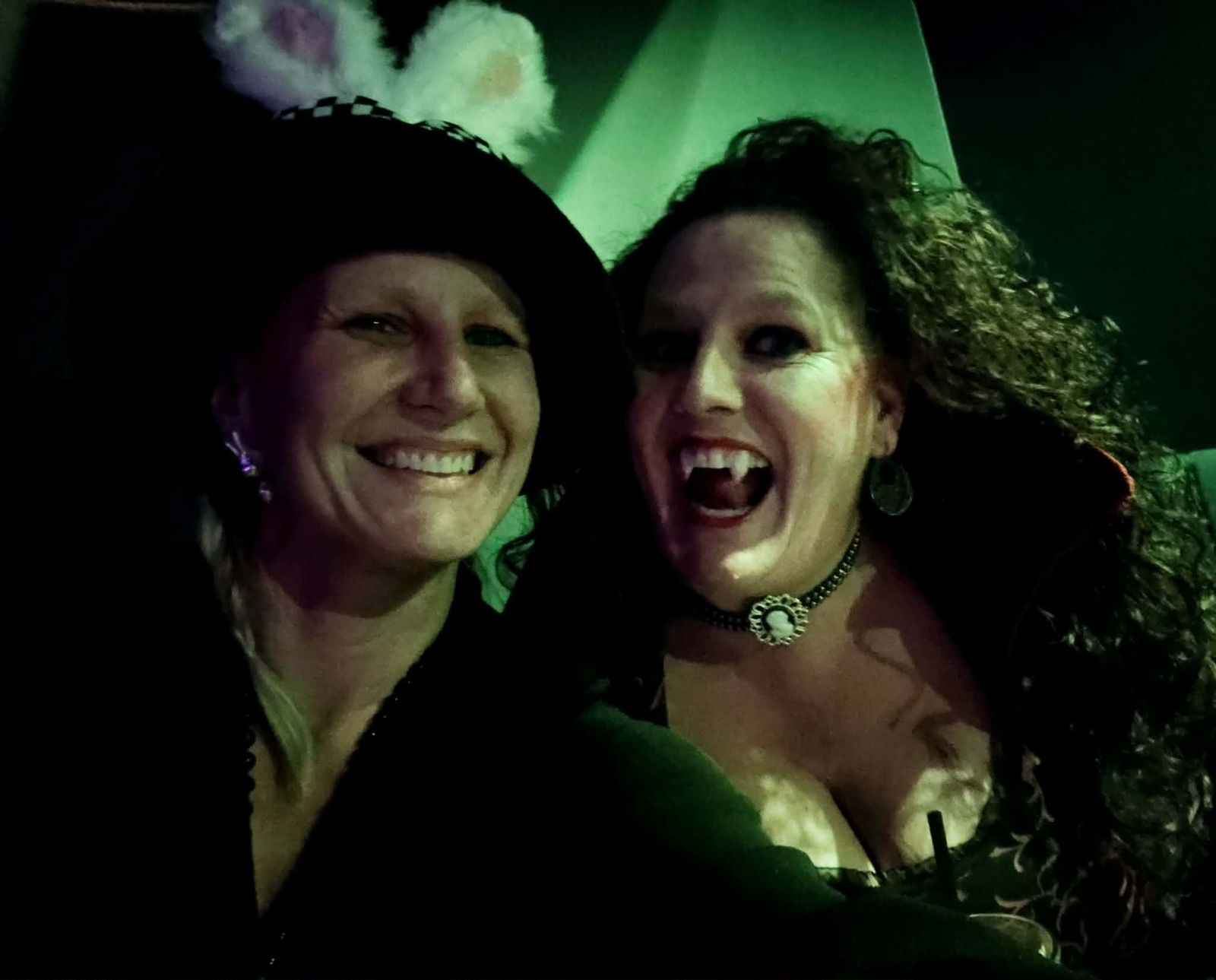 Party guests wearing bunny ears